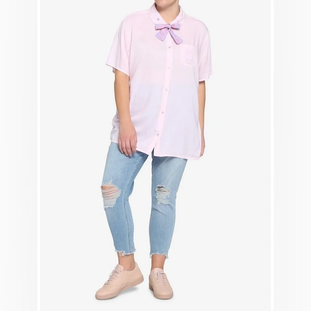 Hot Topic Kawaii Pastel Bunny Bow Girls Woven Button-Up Size Small